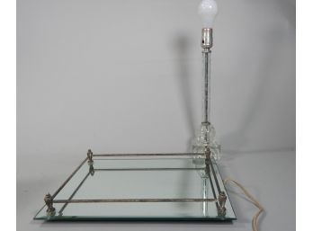 Vintage Etched Glass Lamp And Mirror Tray