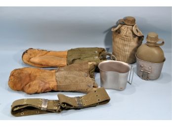 Vintage US Military Lot: Belt, Mittens, Flask