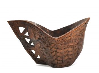 Vintage Folk Art Hand Carved Handled Bowl Kovsh Drinking Vessel