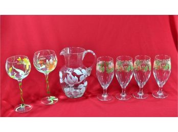 Lot Hand Painted Glass Pitcher & Wine Glasses