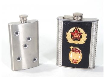 Lot 2 Stainless Steel Pocket Flasks With Soviet Emblem, Bullets Holes