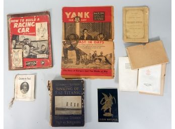 Antique Ephemera & Book Lot- Sinking Of Titanic, Race Car, Yank Issue, Elgin Watch Card