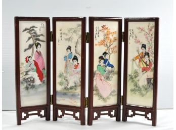 Vintage Asian Wood Frame Hand Painted Screen/ Divider- Girls & Flowers