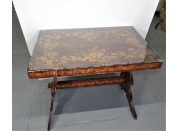 Antique Victorian Pyrographical Folk Art Trestle Table