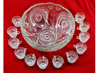 Large Glass Punch Bowl With 12 Cups