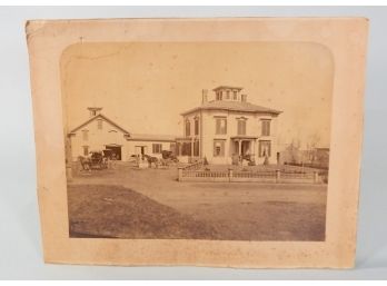 Large Antique Photograph Of House With Horses & Carriages