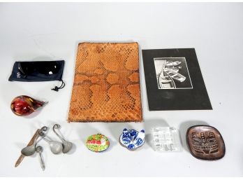 Estate Lot Of Miscellaneous Items-  Crock Portfolio Cover, Trinket Boxes, Paperweights Etc.