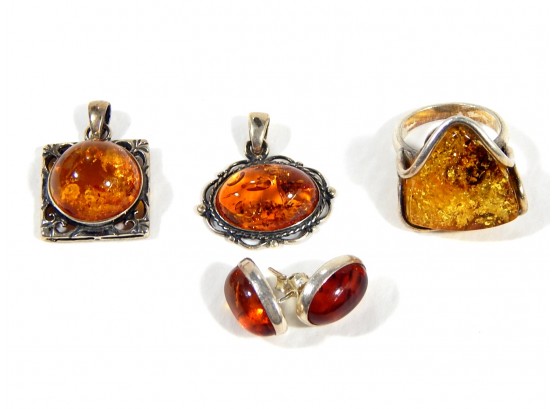 Vintage Sterling Silver & Amber Jewelry Lot - Earrings Pendants Ring