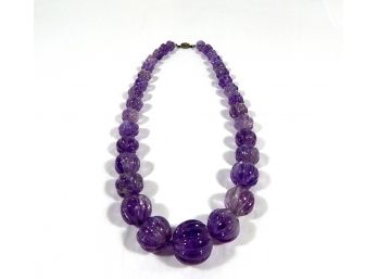 Antique Chinese Carved Amethyst Graduated Bead Necklace Silver Clasp