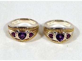 Pair Vintage 18K Gold & Sterling Silver Rings With Amethyst
