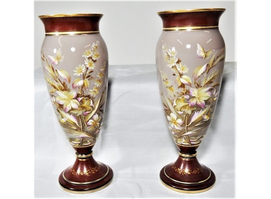 Amazing Tall Pair Antique Bristol Glass Enameled Vases
