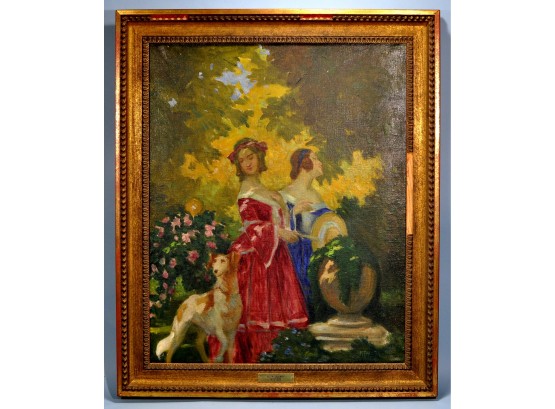 Original Géza UDVARY (1872-1932) Oil Painting 'Two Ladies & Dog'