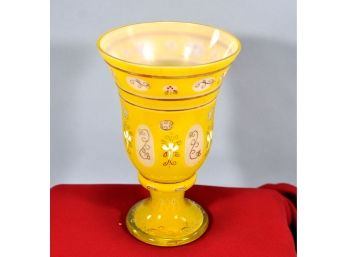 Antique Bohemian Yellow Medallion Cut Glass & Gilt Goblet Vase