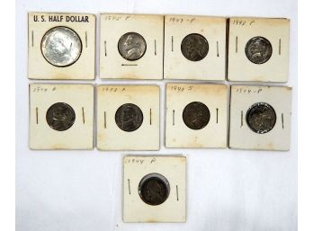 Lot 9 US Coins - Silver Half Dollar & 1940's Silver War Nickels.