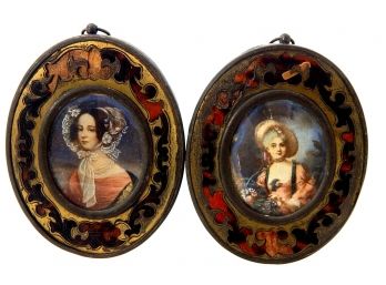 Pair Antique Miniature Women Portrait Paintings