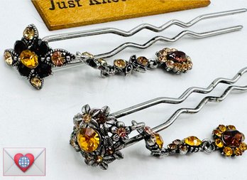 2 Sparkly Hair Jewelry Sticks Citrine Colored Rhinestones