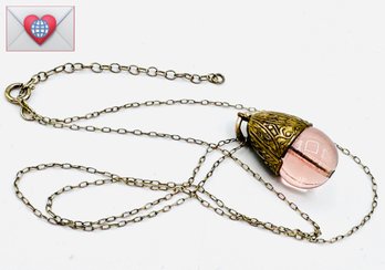 Fabs Gilded Sterling Victorian Etched Peachy Pink Glass Drop Fob Necklace Beauty!