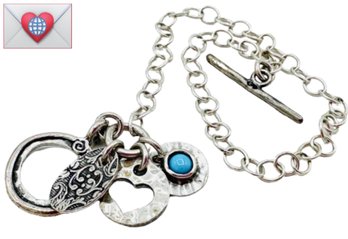 So Feminine! Love Themed Sterling Silver Turquoise Toggle Bracelet