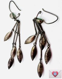 Handmade 1970s Jointed Patinated Silver Pierced Fish Hook Dangle Barleycorn Earrings
