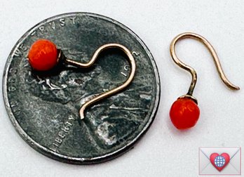 1901 Antique Coral Gold Baby Pierced Earrings Teeny Tiny!