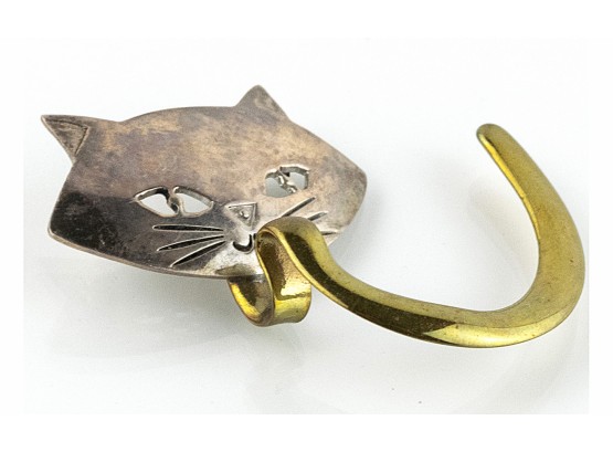 Unusual Sterling And Brass Cat Hanger Brooch