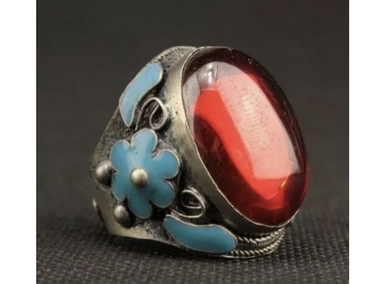 Antique Chinese Old Silver Inlaid Enamel Cloisonné Diocroma LARGE SIZE/ADJUSTABLE Finger Ring