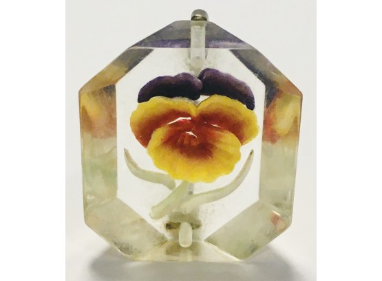 YUM! Well Done Creamy Lucite Embedded Pansy Killer Vintage Brooch