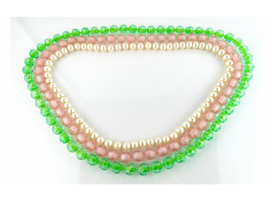 Whimsical Vintage Grouping; 3 Strands Pop Beads; Pink/Green/Pearly White; Mix And Match!