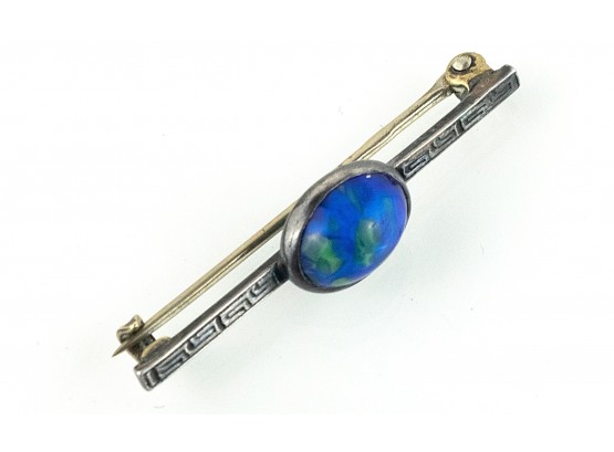 So Sweet! Small Sterling Antique Bar Brooch With Bezel-Set Blue Green Swirled Art Glass Cabochon