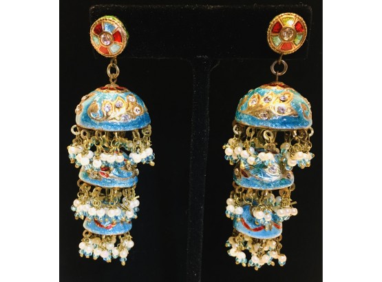 Over The Top Long Brass And Pearls Colorfully Enameled Multi-Tiered Dancing Wedding Post Earrings