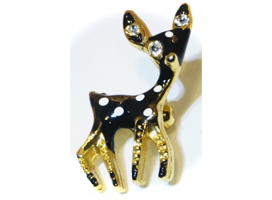 Adorable Small Enameled Spotted Deer Brooch With Rhinestones