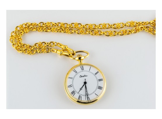 Shiny Gold Tone Carolee Vintage Pocket Watch Necklace; Extra-Long 38” Chain Double Has Fob Clips