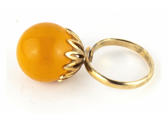 Fun Retro 1970s Gold Tone Orange Orb Ring; Adjustable Kitsch