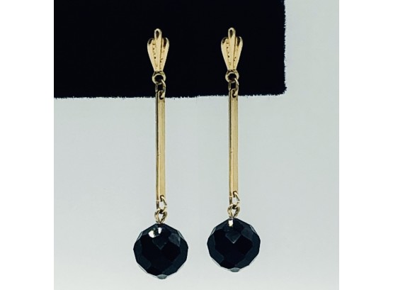 Swingy 14k Yellow Gold/Faceted Black Onyx Pierced Dangle Earrings; Vintage/As New