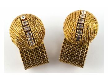 Dramatic Showy Large Gold Mesh And Diamond Encrusted Paste Cuff Links With Bonus Tie Tack