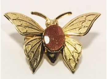 Pressed Brass Vintage Butterfly Brooch With Prong Set Fool’s Gold Pyrite Very Cute