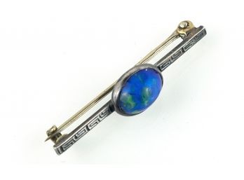So Sweet! Small Sterling Antique Bar Brooch With Bezel-Set Blue Green Swirled Art Glass Cabochon