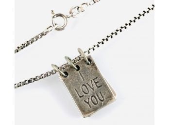 Rare 3 Page Sterling Silver Book Necklace  [I LOVE YOU, ❤️, THE END]  Great Sentiment; Great Patina