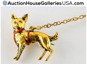 🦋 Cold Enamel Dog On Leash/Señor On Chain Linked Vintage Brooches