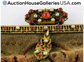 🦋 Bejeweled French Kiss-Frame Antique Tapestry Purse