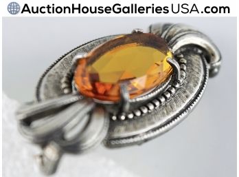 🦋 Huge Facetted Prong-Set Honey Topaz In Antique Setting Brooch