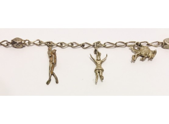 Quirky Ersatz Vintage 3 Charms Bracelet; A Bull A Ballerina And A Scuba Diver 8”