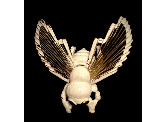 #3) Big-Eyed Fuzzy Vintage Bumblebee Brooch Gold And White With Delicate Wire Wrapped Wings
