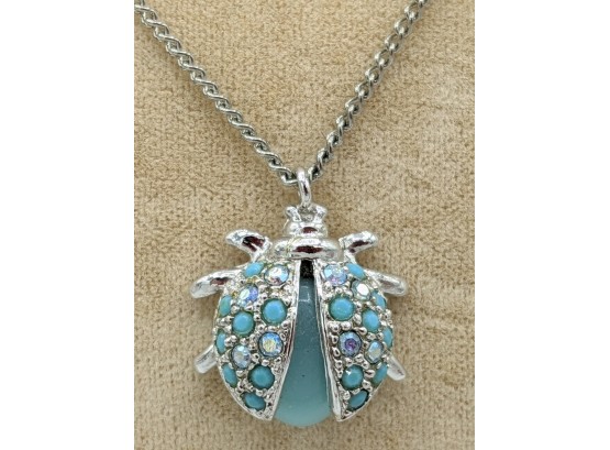 So Cute Silver Bug Necklace With Baby Blue Aurora Borealis Rhinestones 18'