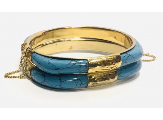 Beautiful Handmade Pair Of Gold Vermeil Over Sterling Hinged Bangles With Peek-A-Boo Turquoise Unusual!