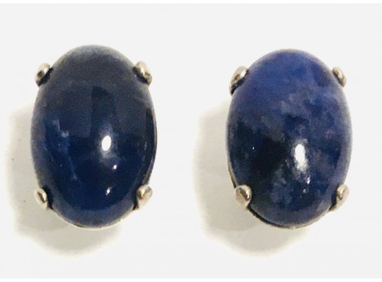 Simple Pretty Blue Lapis Lazuli Oval Cabochons Post Earrings In Silver Setting