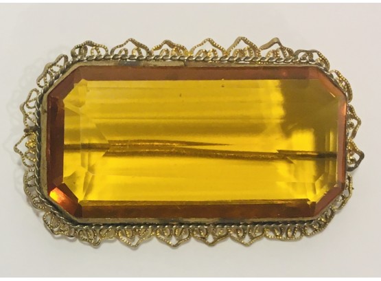 Sophisticated  Vintage Huge Emerald Cut Warm Honey Citrine Glass Brooch In Italian Filigrees Setting 1.75