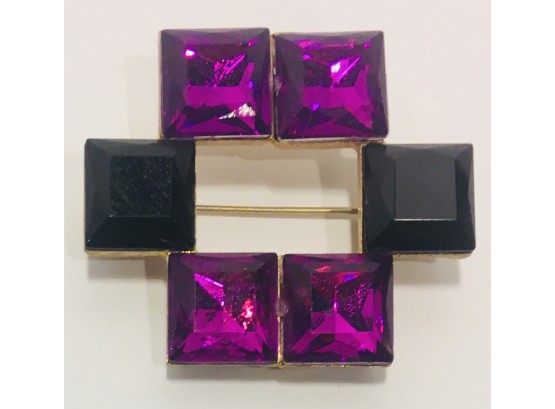 Statement Art Deco Bright Magenta And Black Glass Graphic Vintage Brooch 2 Square