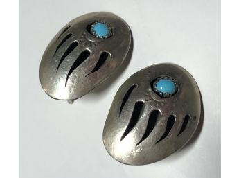 Sterling Silver Turquoise Shadow Box Bear Claw Post Earrings Native American