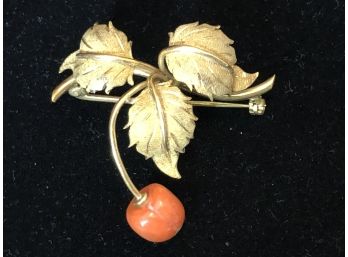 Fine Large Antique 18K Solid Gold And Genuine Coral Fruit And Leaf Handmade Italian Brooch 10.8g